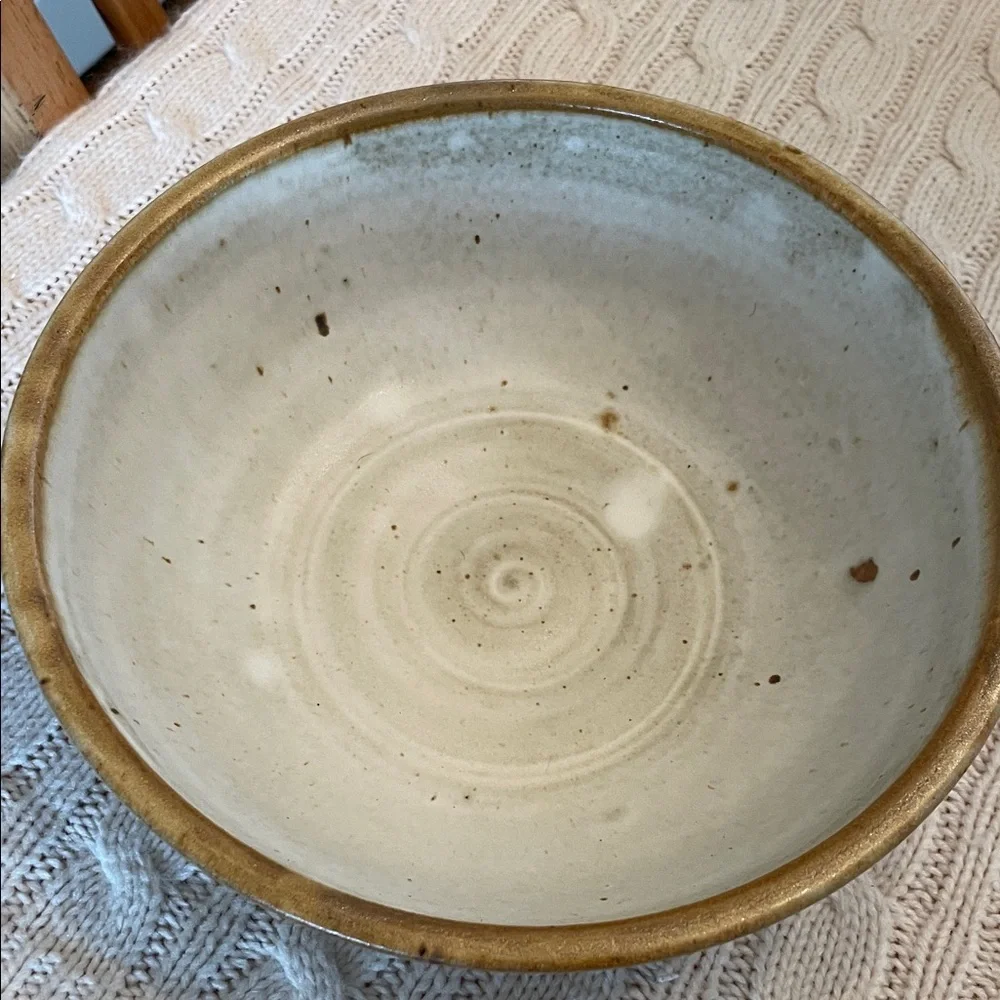 Glazed signed pottery bowl kiln fired beige/tans/browns